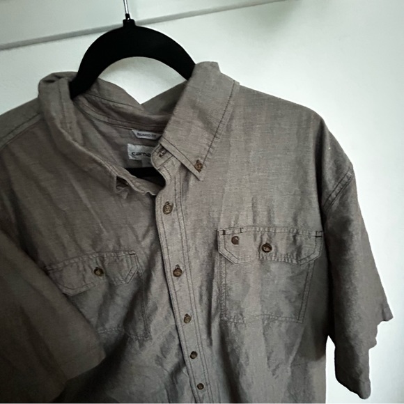 Men’s CARHARTT XL brown grey button up collared shirt linen feel relaxed fit - Picture 2 of 11